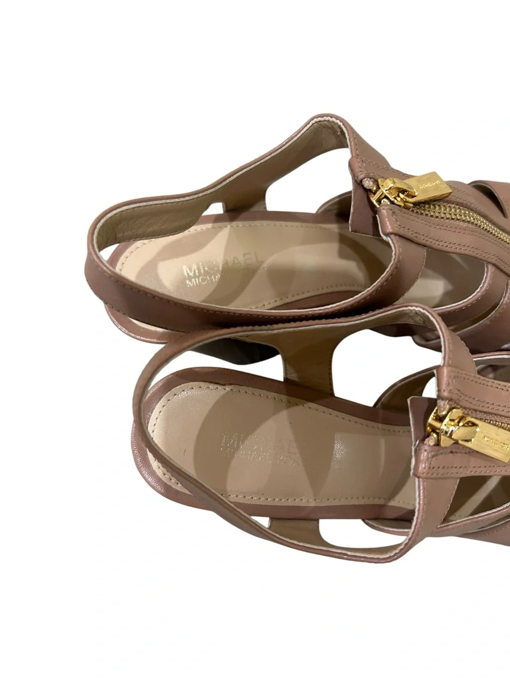 Michael Kors Damita Tan Strappy Block Heel Sandals Gold Zip size 6.5